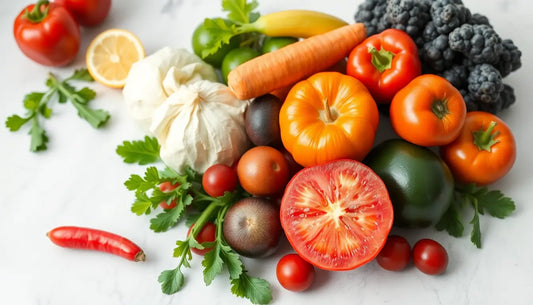 Bunte Auswahl an frischem Obst und Gemüse zur Unterstützung des Immunsystems mit Vitamin C-reichen Nahrungsmitteln.