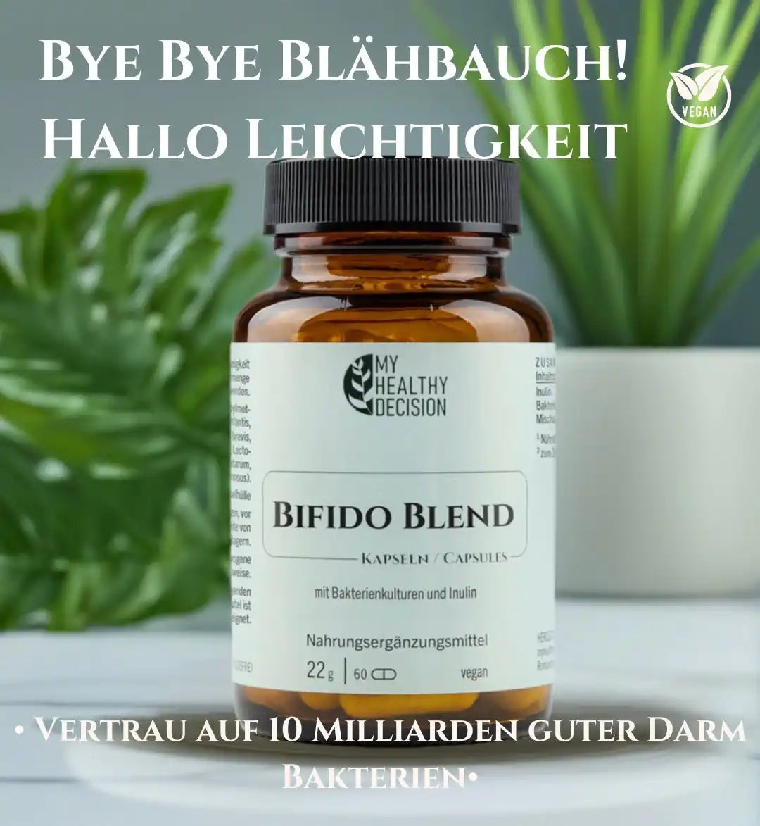 Eine braune Flasche mit Bifido Blend Probiotika-Kapseln für die Darmgesundheit.